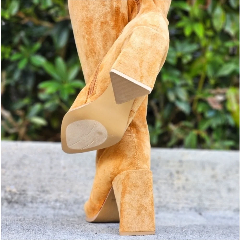 Cape Robbin Tan Over The Knee Pointed Heel Triangle Block Heel 8.5